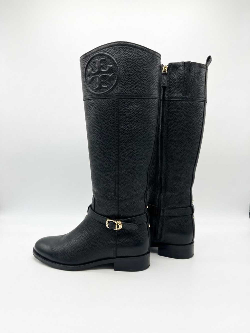 Tory Burch Tall Black Leather Equestrian Roding Boots Zip Up Low Heel Size 7